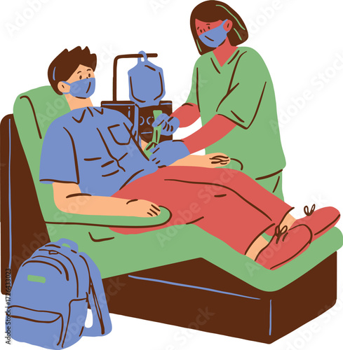 Vector art of a masked man donates blood while a nurse monitors the process, ensuring safety and comfort
