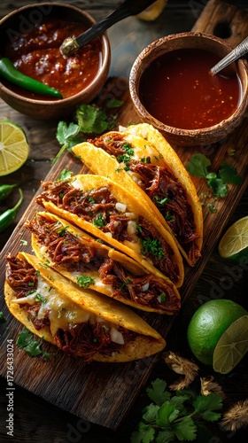 Juicy birria tacos on wooden board with rich dipping sauces and fresh lime, perfect for food menu, social media promo