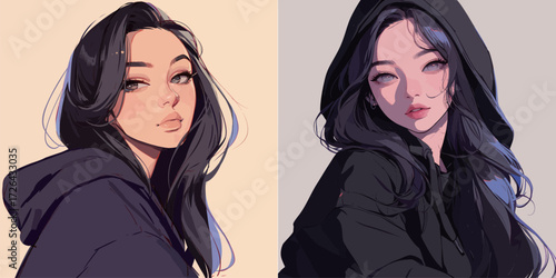Two artistic representations show a young woman in hooded sweatshirts. Each portrait features different hairstyles and expressions, highlighting her casual style.