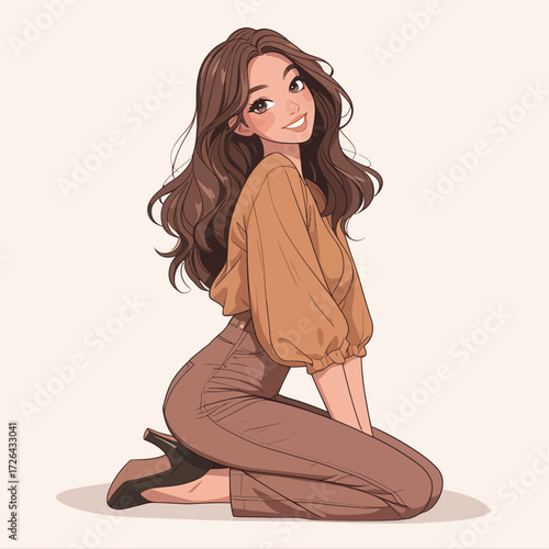 A woman with long hair kneels in a relaxed posture, wearing a trendy blouse and fitted pants. She smiles warmly, showcasing her style and confidence in a simple setting.