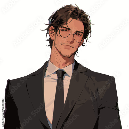 A well-dressed man wearing glasses displays a confident smile in a formal outfit. His hairstyle and attire suggest a sophisticated yet approachable look, fit for events.