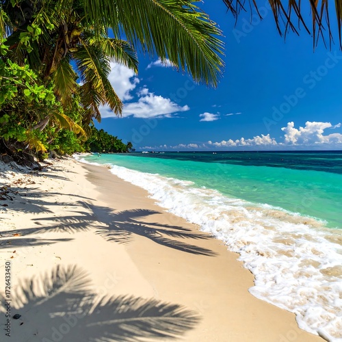 Tranquil beach scene, white sand, palm trees, turquoise water, gentle waves