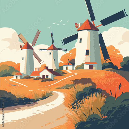 Windmills stand tall in a vibrant rural landscape. The sun rises, casting warm colors on the fields and paths. A peaceful scene of nature and early morning light.
