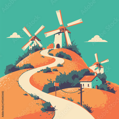 A vibrant scene showcasing multiple windmills on rolling hills, with a winding road leading to a small house. The sun shines brightly on this peaceful countryside.