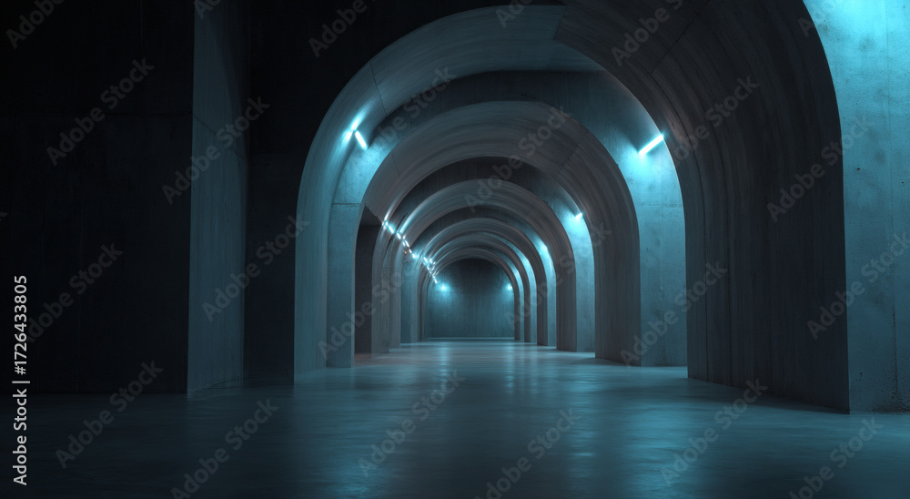 Obraz premium Abstract Concrete Archway Corridor with Blue Light