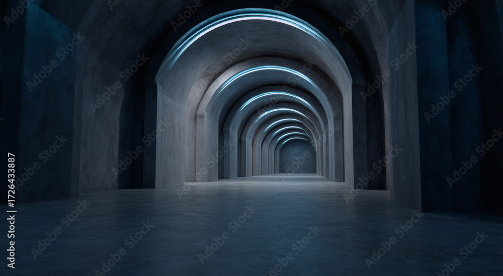 Obraz premium Dark Architectural Tunnel with Neon Lighting