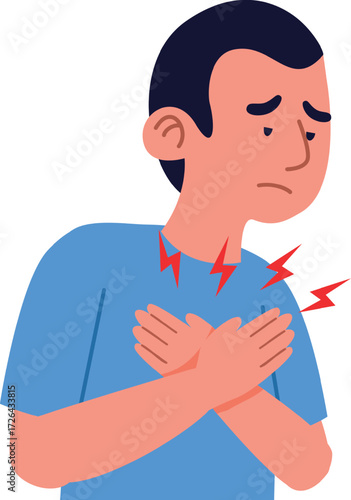 Vector art of man experiencing chest pain and throat discomfort, possibly due to illness, infection, or other health issue