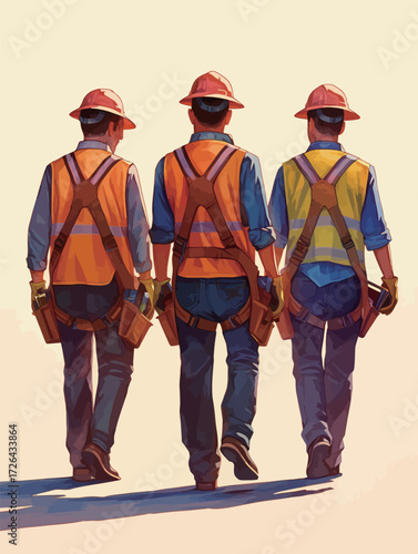 Three construction workers wearing safety gear and helmets walk side by side. Their reflective vests shine in the sunlight, and they appear focused on their tasks.