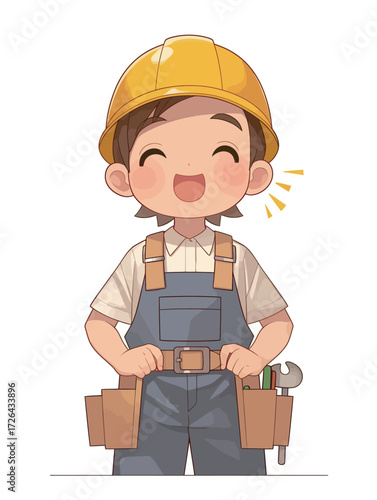 A joyful young worker stands with a broad smile, wearing a yellow hard hat and blue overalls with tool pockets. Tools and a cheerful demeanor reflect dedication.