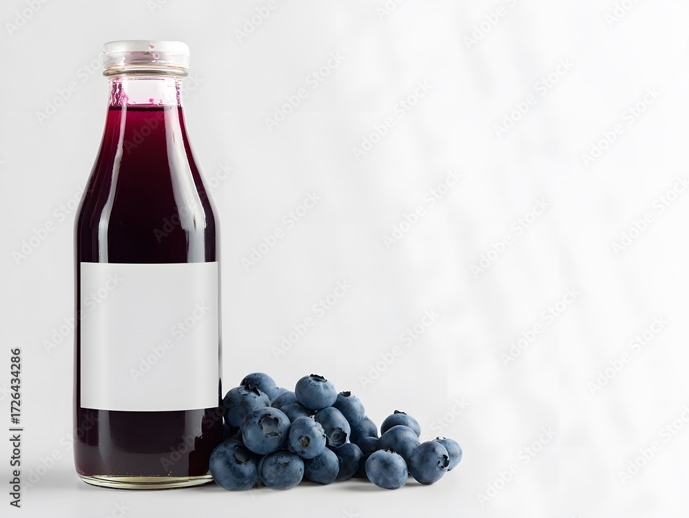 Obraz premium Blueberry juice in clear bottle with minimal label, white background and top space open