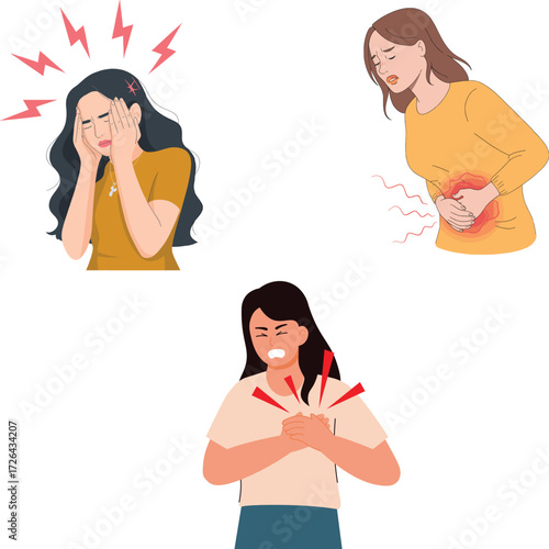 Vector art of woman experiencing various health issues, including headache, stomach ache, and chest pain, depicted with cartoonish style