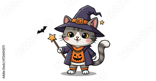 Adorable Tabby Cat Wearing Witch Costume and Jack-o'-Lantern Sweater Holding Magic Wand