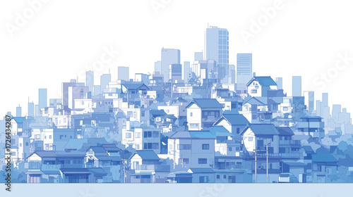 A vibrant urban scene features stacked houses in varying shades of blue, set against a modern city skyline under a clear sky.