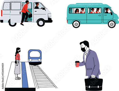 Vector art of illustrations of people using public transportation, including a bus, train, and subway
