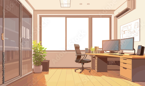 A spacious office with large windows allowing ample sunlight. The setup includes two monitors, a comfortable chair, and a small plant beside a desk.