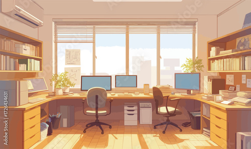 Two workstations are arranged in a spacious office. Sunlight streams through large windows, illuminating plants and bookshelves, creating a productive atmosphere.