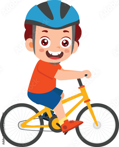 Vector art of happy little boy riding a bicycle and wearing a helmet cheerful child enjoying outdoor activity and having fun