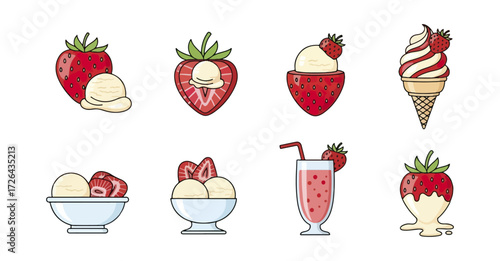 Strawberry ice cream collection icons