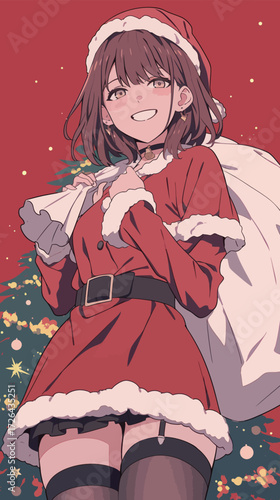 A cheerful character dressed in a red Christmas outfit smiles while holding a gift bag. The background features a decorated tree with bright lights, creating a festive atmosphere.