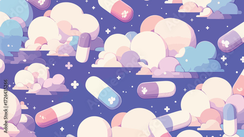 Soft pastel clouds swirl around vibrant capsules in a creative illustration, creating a dreamy atmosphere. The background features a tranquil night sky filled with stars.
