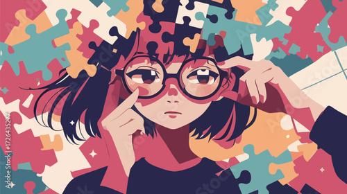 A girl with glasses poses thoughtfully against a vibrant puzzle background. The artwork explores themes of complexity and self-reflection with vivid colors.