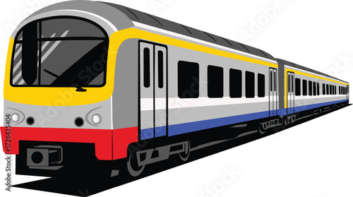 Vector art of a colorful train hurtles along the tracks, a vibrant symbol of modern transportation and the thrill of travel