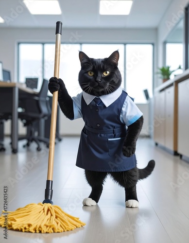 A black cat in a cleaning uniform holds a mop in an office setting
