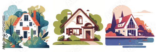 This scene features three charming illustrated houses nestled among vibrant greenery, showcasing unique designs and colorful roofs under a bright sky.