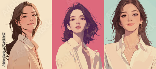 Three women showcase different hairstyles while wearing stylish shirts. Each is portrayed against contrasting backgrounds, highlighting their unique expressions and beauty.