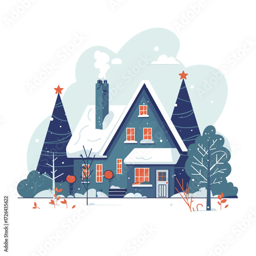 A charming blue house is nestled in a snowy landscape, adorned with holiday decorations. Pine trees surround the house, creating a peaceful winter atmosphere.