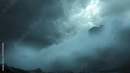 Cataclysmic urban flood unleashes devastating chaos on city streets amidst tumultuous skies and rampant waters