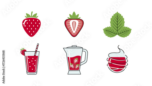 Strawberry juice preparation process icons
