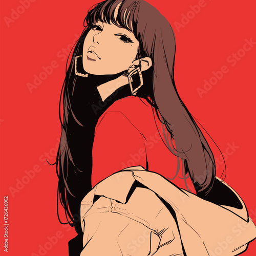 A fashionable woman stands with her back turned, gazing playfully over her shoulder. She wears a striking red top, oversized earrings, and carries a stylish jacket.