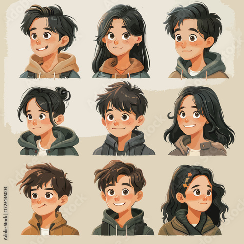 A collection of nine young characters showcases various hairstyles and facial expressions. Each character has a unique look, displaying joy and personality while dressed casually.