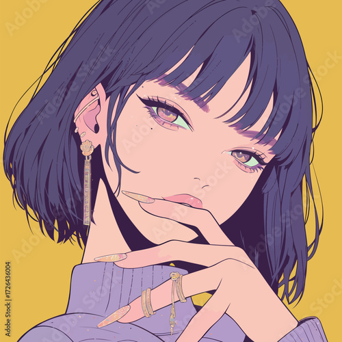 A young woman with a trendy bob haircut showcases her fashion sense while wearing elegant accessories. Her captivating gaze and expressive posture create an engaging look.