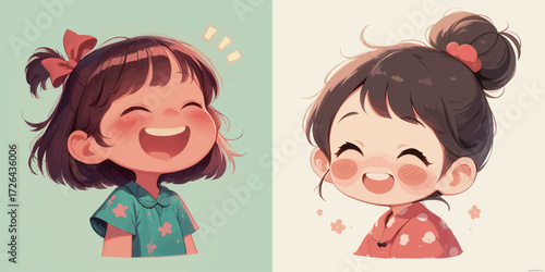 Two young girls are enjoying a moment of happiness, showcasing joyful smiles. They wear colorful outfits, radiating fun and delight in a playful atmosphere.