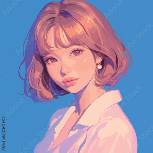 A young woman with short curly hair and pearl earrings poses for a portrait. She has a soft expression and a stylish look, set against a bright blue background.