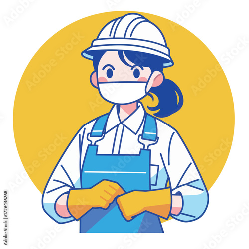 A woman wearing a safety helmet and gloves stands confidently with her arms crossed, dressed for work on a construction site. She is focused and prepared for the job ahead.