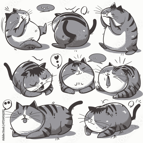 Nine cartoon cats display a range of humorous expressions and playful actions, from rolling around and yawning to pouting and looking surprised. Each cat has a unique pose.