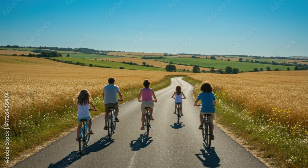 Obraz premium Family biking adventure through scenic fields countryside daytime natural beauty