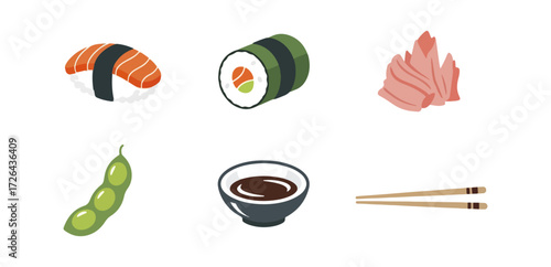 Sushi soy sauce chopsticks and edamame illustration