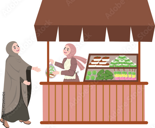 Vector art of a muslim woman buying food at a street food stall the vendor is wearing a hijab and the customer is wearing a burqa