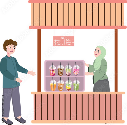 Vector art of a customer buys a drink at a stall the seller is a muslim woman wearing a hijab the stall sells various drinks