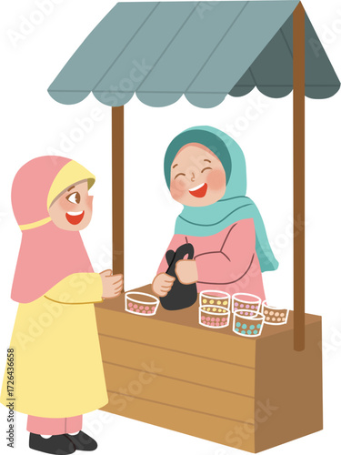 Vector art of a cheerful muslim girl in hijab buys snacks from a friendly vendor at a wooden stall, they are both smiling happily