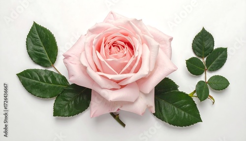 A single, pale pink rose with dark green leaves arranged symmetrically on a white background