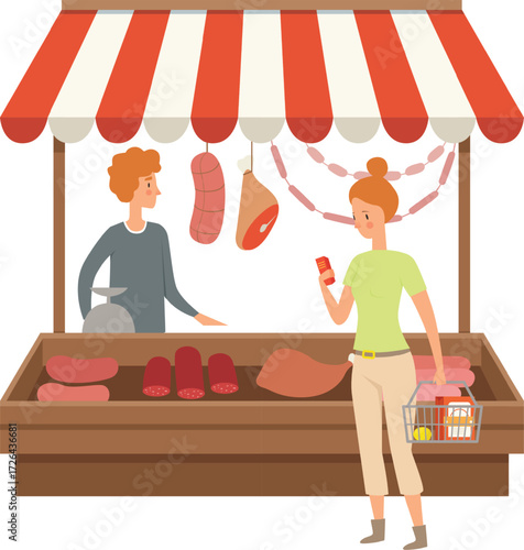 Vector art of woman using smartphone at butcher shop butcher standing behind counter with meat products customer using mobile phone