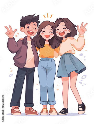 Three young friends stand together in a joyful moment, smiling widely and posing with peace signs. The background hints at a bright and cheerful atmosphere.