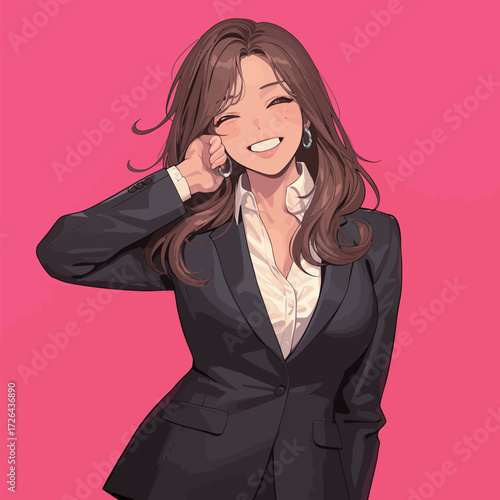 A confident businesswoman dressed in a black suit and white shirt smiles warmly while striking a playful pose with her hand on her cheek.