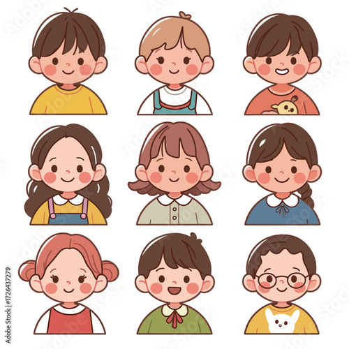 Nine children with various hair styles and clothing are shown smiling happily. They appear friendly and cheerful, each with a unique expression of joy.