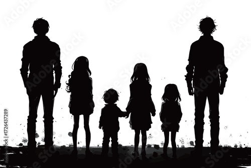 In a striking silhouette, five figures stand together, showcasing a mix of adults and children. The scene captures a moment of unity and strength against a bright backdrop.